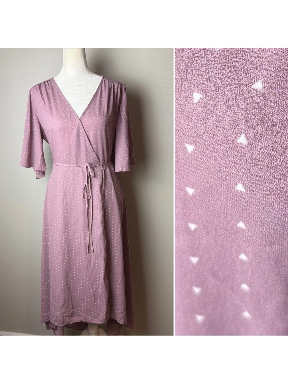 Lulu's Dress Size Small Mauve Pink Geometric Wrap Midi Flutter Sleeve V-Neck